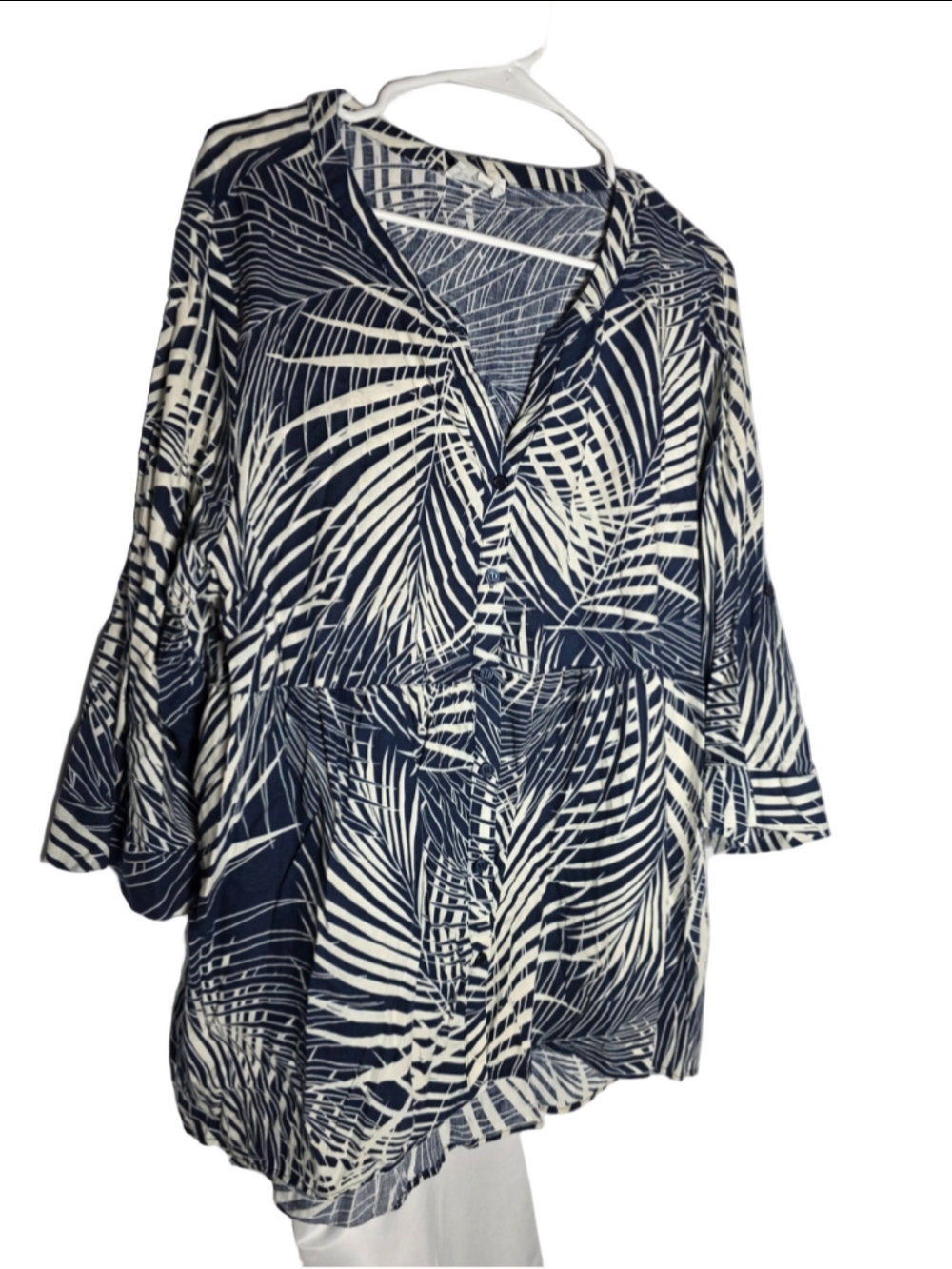 Women's Panama Jack Button Down Shirt Plus 2X Blue White Palm Print tropical
